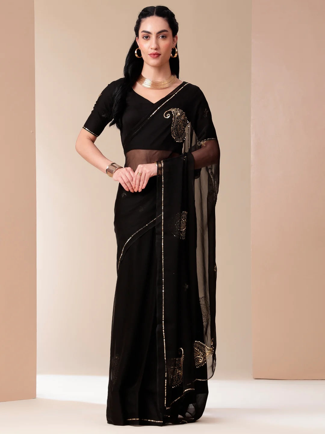 Black Chiffon Saree with Sequin Handwork – Bollywood Style