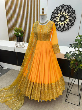 Elegant Yellow Georgette Gown with Embroidery and Sequence Work