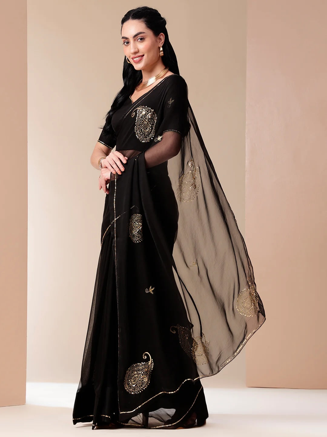 Black Chiffon Saree with Sequin Handwork – Bollywood Style