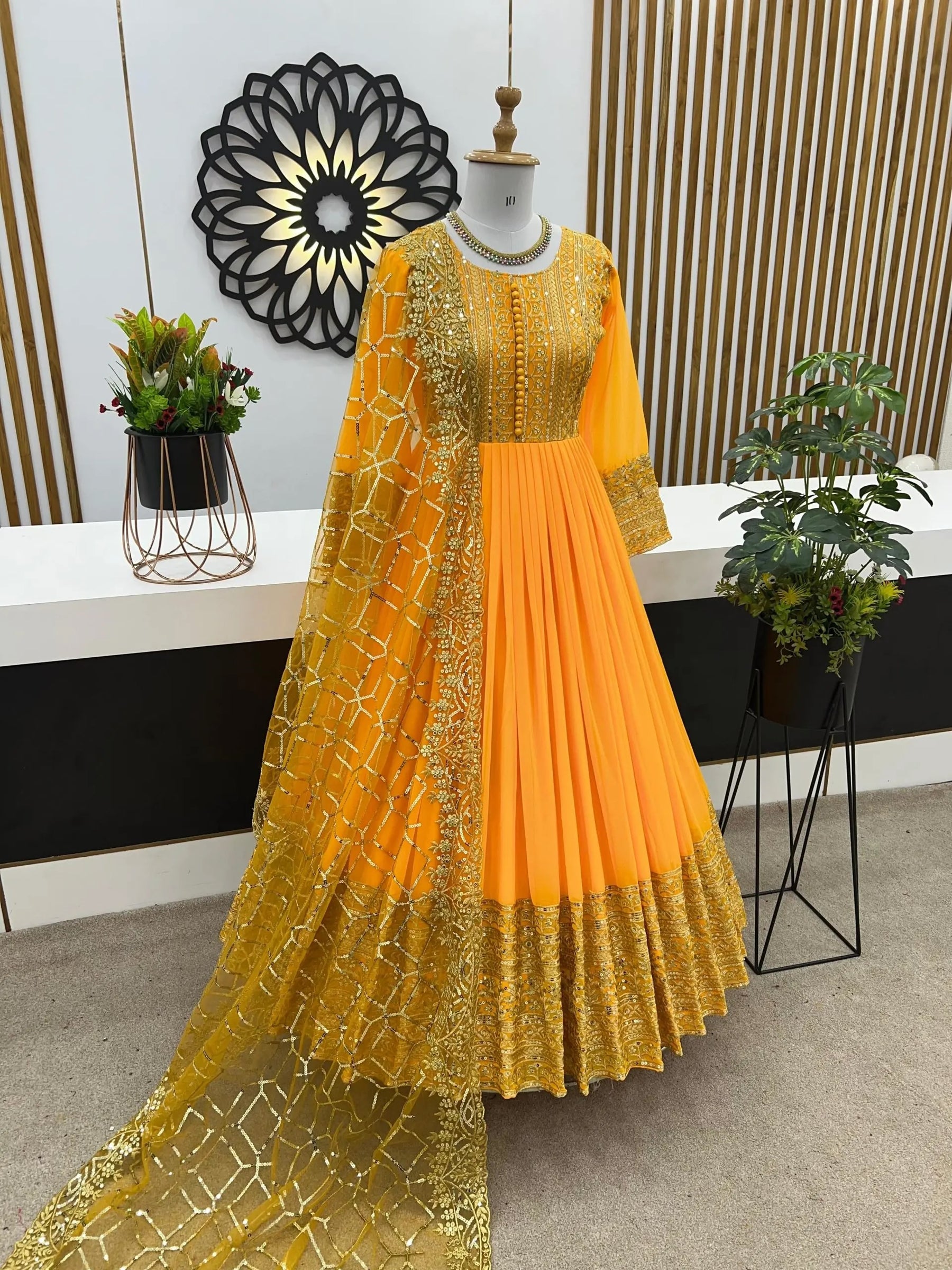 Elegant Yellow Georgette Gown with Embroidery and Sequence Work