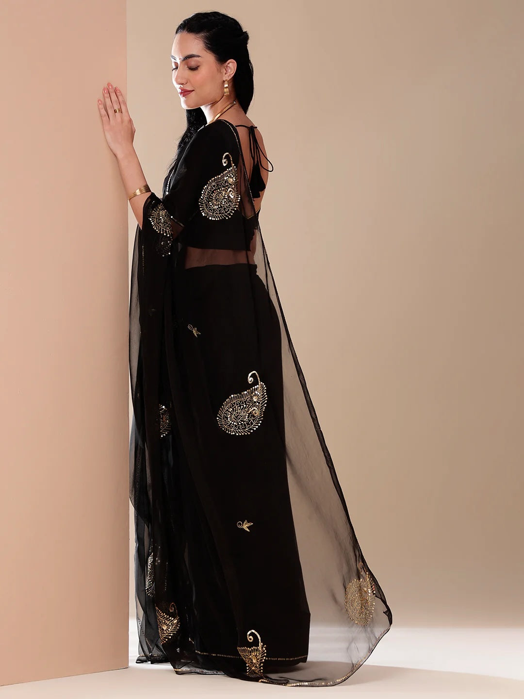 Black Chiffon Saree with Sequin Handwork – Bollywood Style