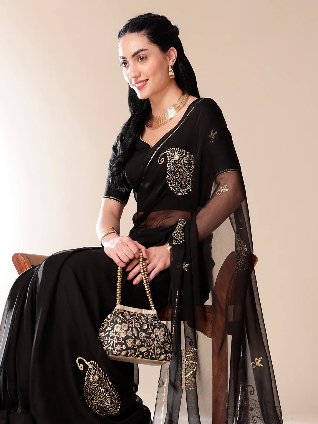 Black Chiffon Saree with Sequin Handwork – Bollywood Style