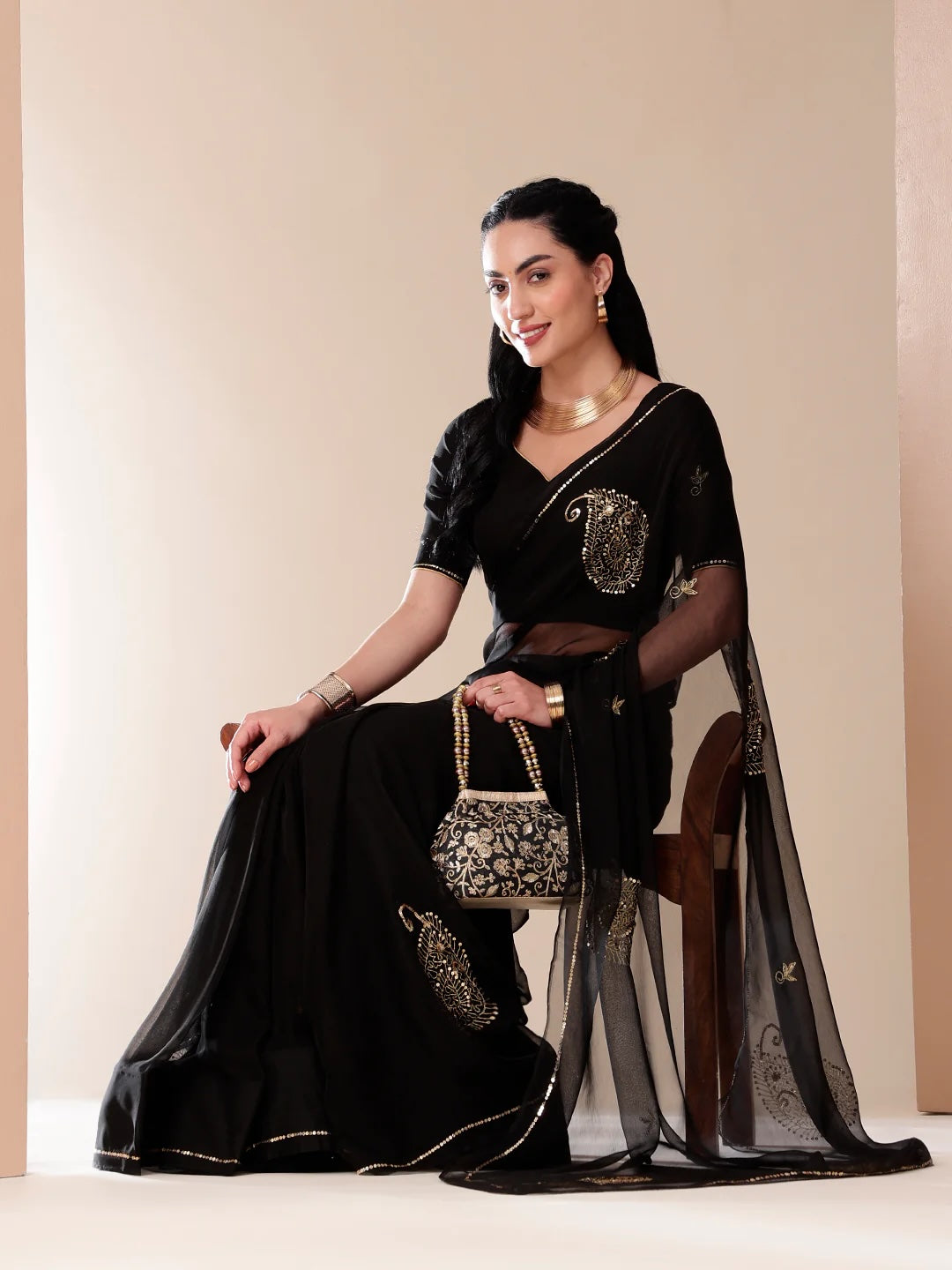 Black Chiffon Saree with Sequin Handwork – Bollywood Style