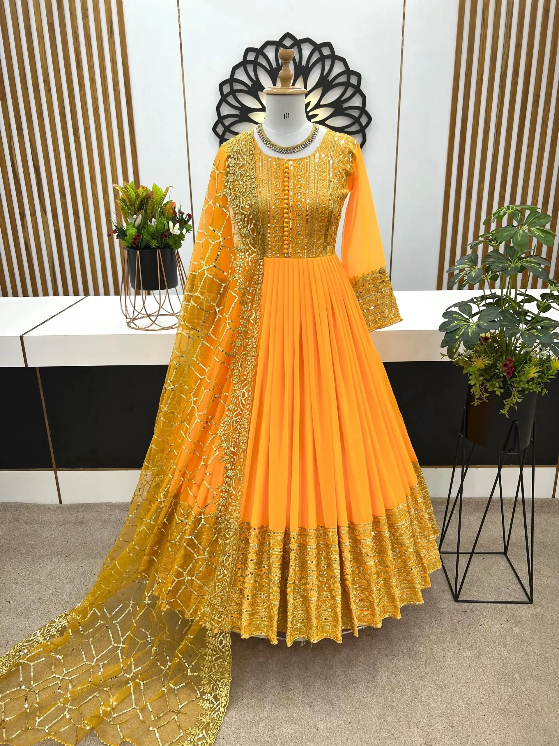 Elegant Yellow Georgette Gown with Embroidery and Sequence Work – Rim Zim Fashion