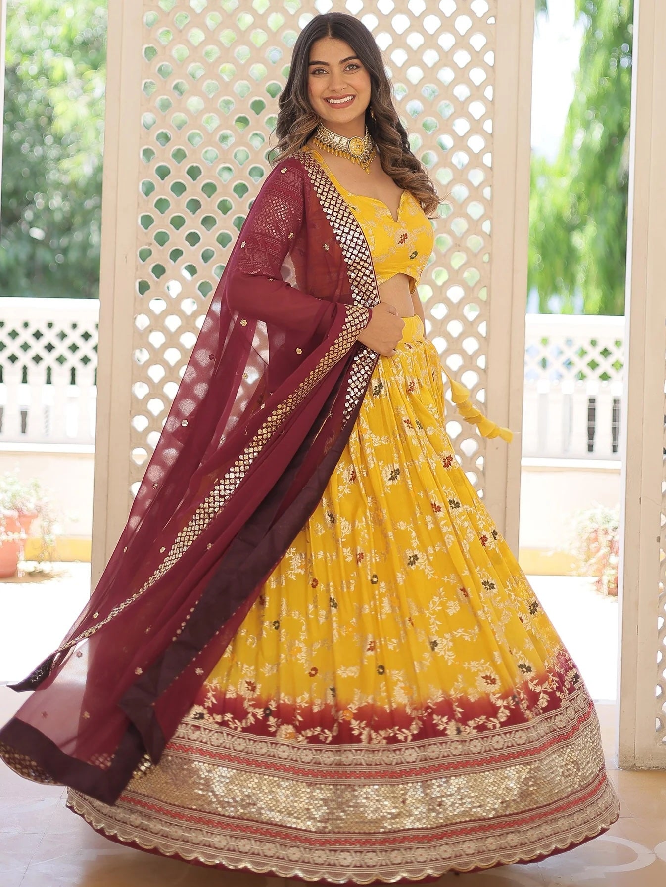 Cute Yellow Sequins Jacquard Haldi Wear Lehenga Choli with Dupatta