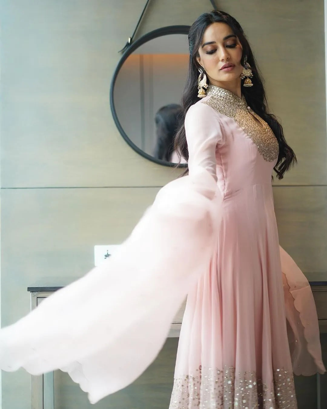 Adorable Baby Pink Georgette Gown with Embroidery and Sequence Work