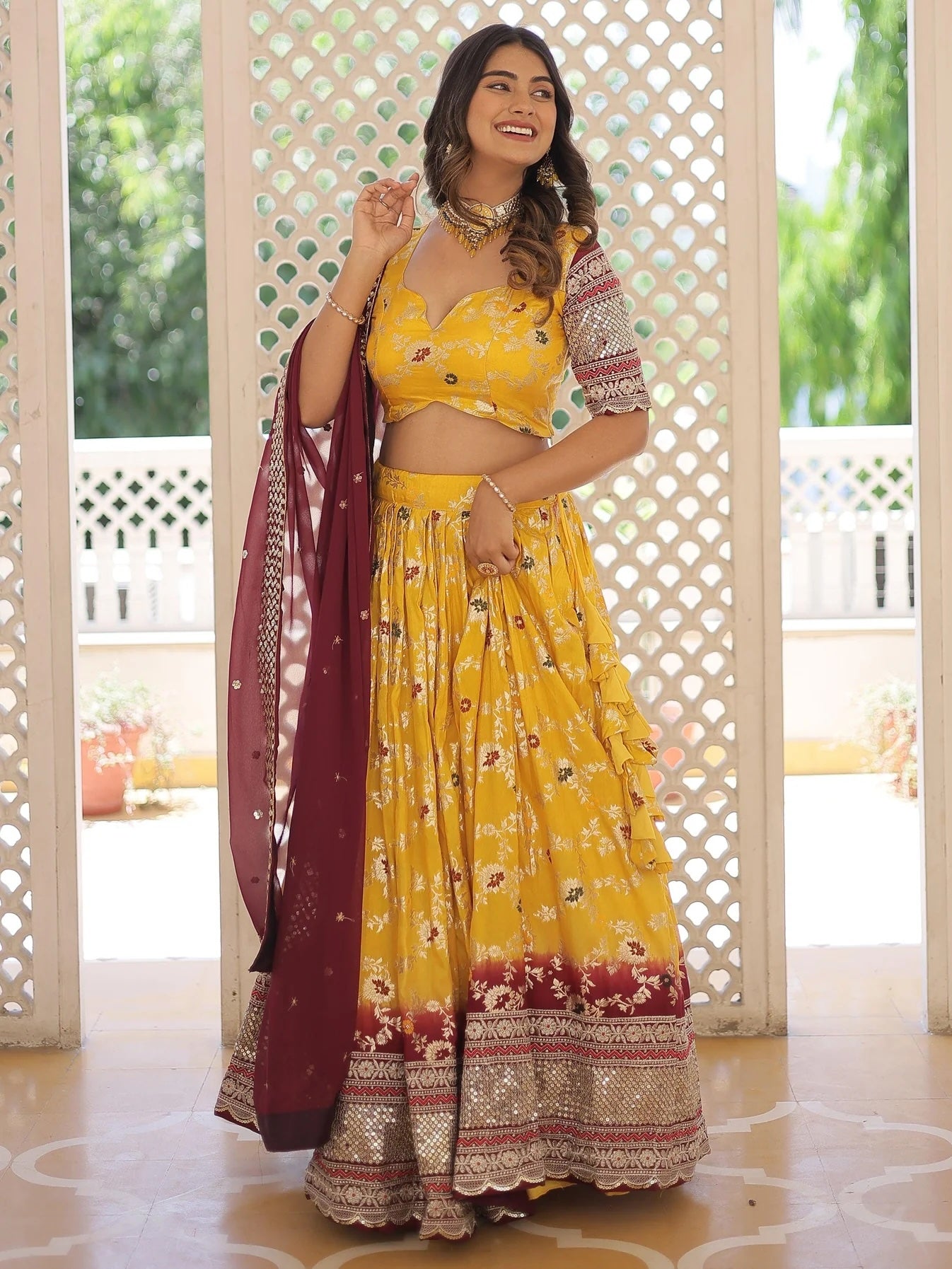 Cute Yellow Sequins Jacquard Haldi Wear Lehenga Choli with Dupatta