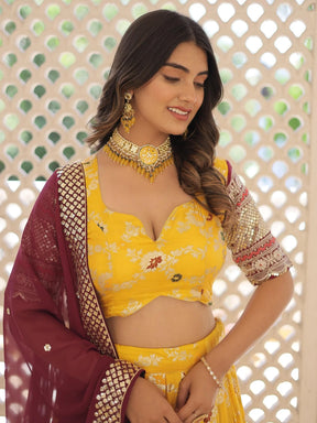 Cute Yellow Sequins Jacquard Haldi Wear Lehenga Choli with Dupatta