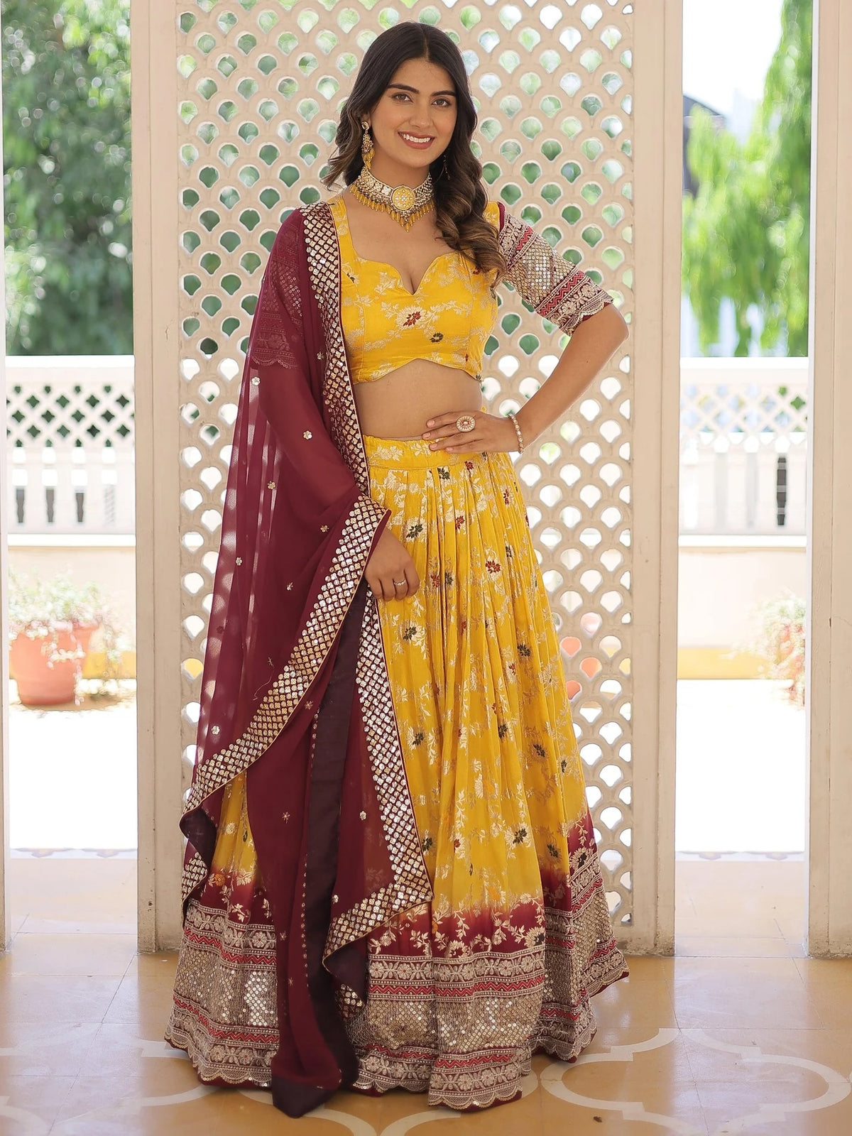 Cute Yellow Sequins Jacquard Haldi Wear Lehenga Choli with Dupatta