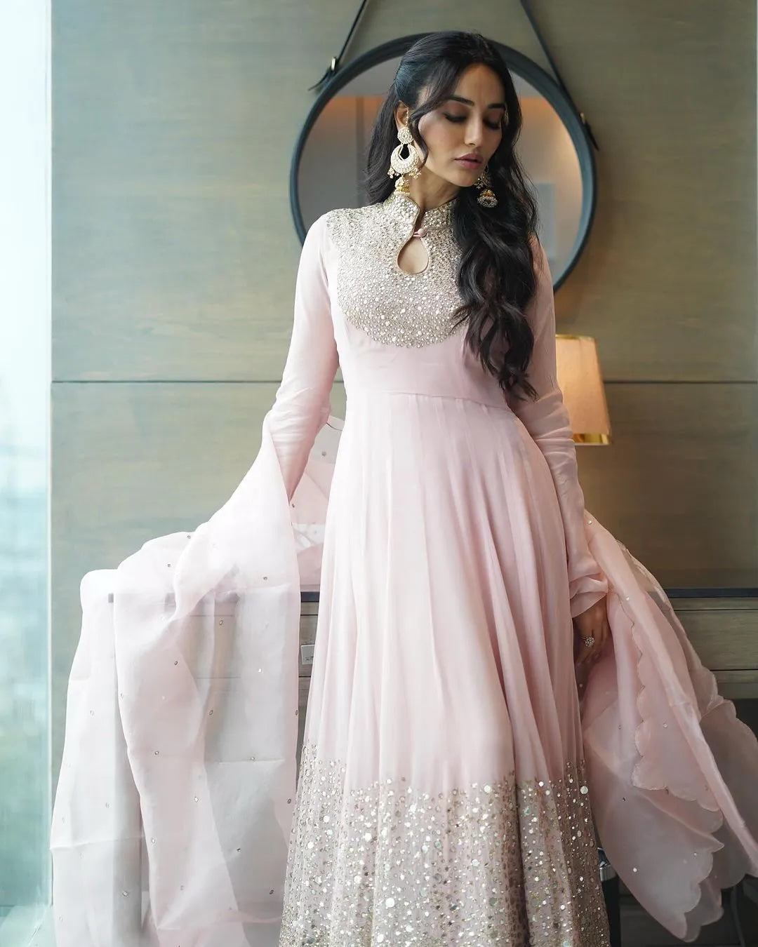 Adorable Baby Pink Georgette Gown with Embroidery and Sequence Work