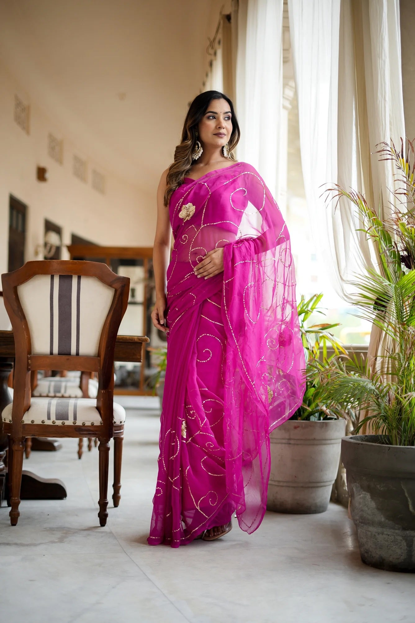 Rani Chiffon Jaal Hand-Embroidered Saree Design