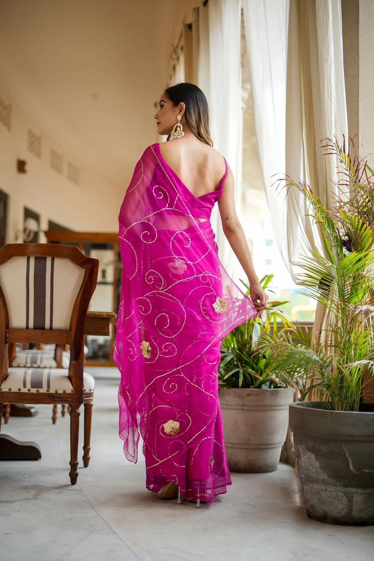 Rani Chiffon Jaal Hand-Embroidered Saree Design