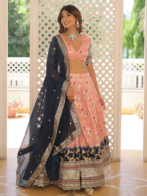 Stunning Peach Embroidered Jacquard Lehenga Choli with Dupatta