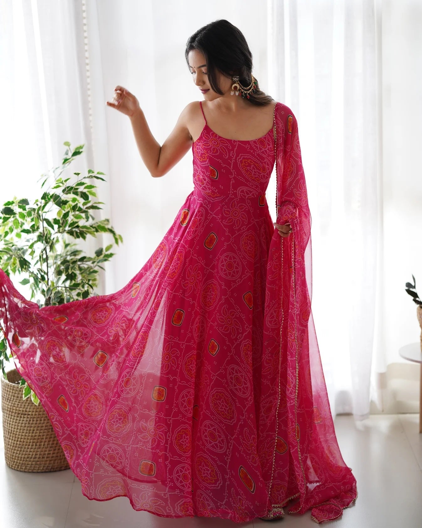 Precious Pink Bandhani Chiffon Gown with Dupatta