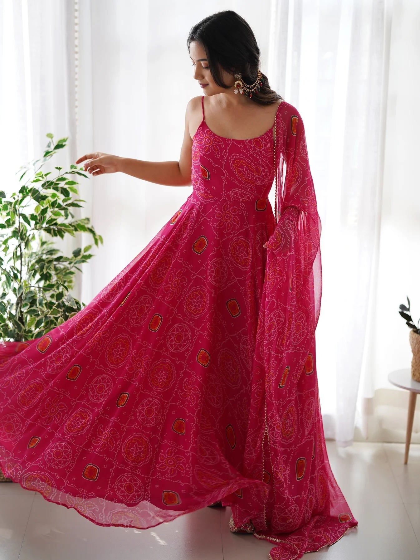 Precious Pink Bandhani Chiffon Gown with Dupatta