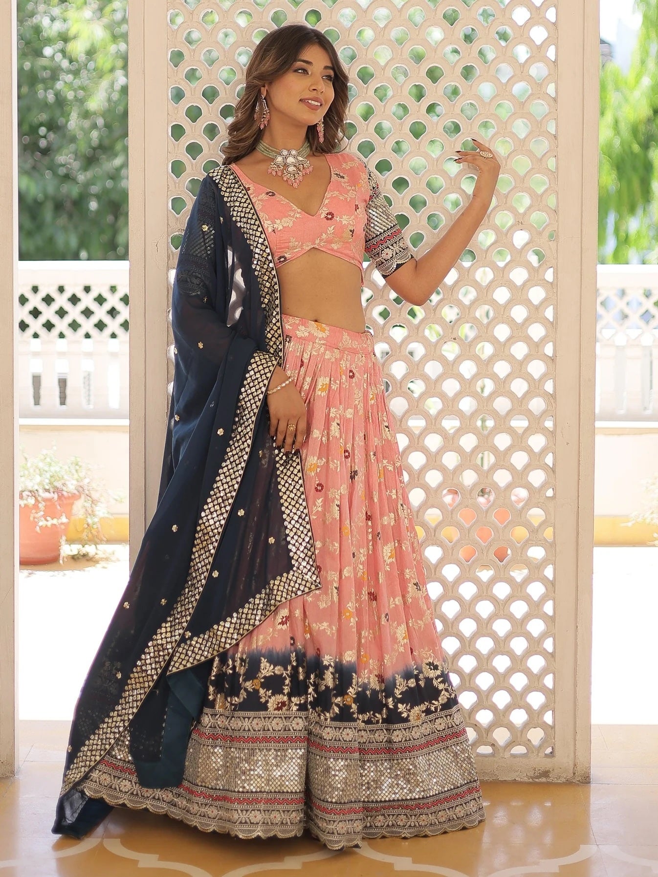 Stunning Peach Embroidered Jacquard Lehenga Choli with Dupatta