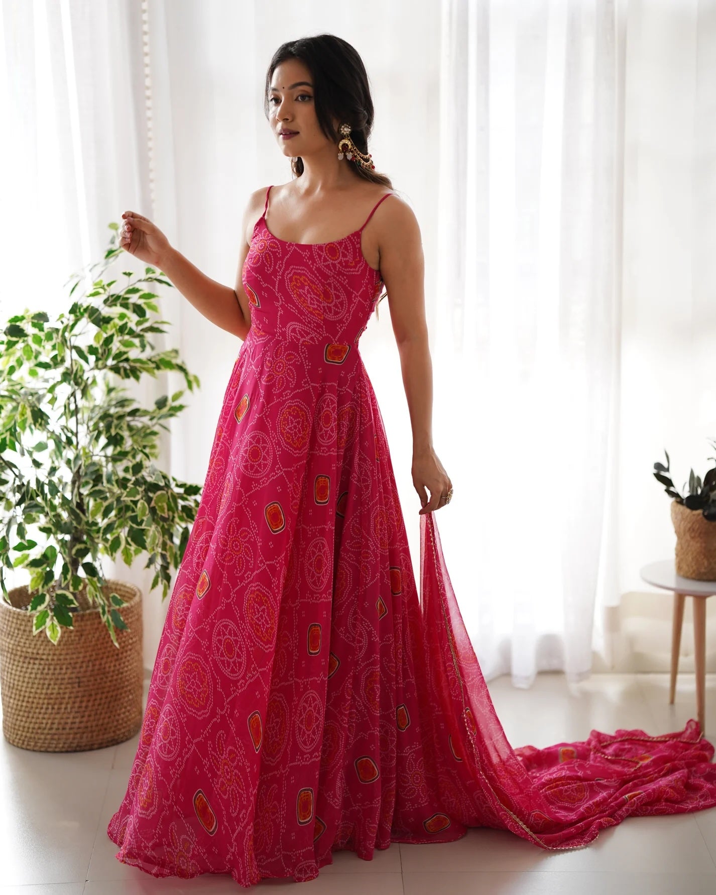 Precious Pink Bandhani Chiffon Gown with Dupatta