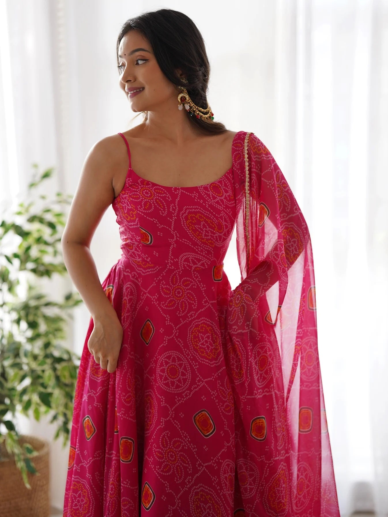 Precious Pink Bandhani Chiffon Gown with Dupatta