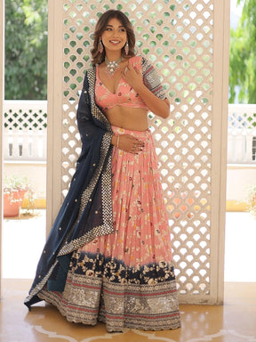 Stunning Peach Embroidered Jacquard Lehenga Choli with Dupatta