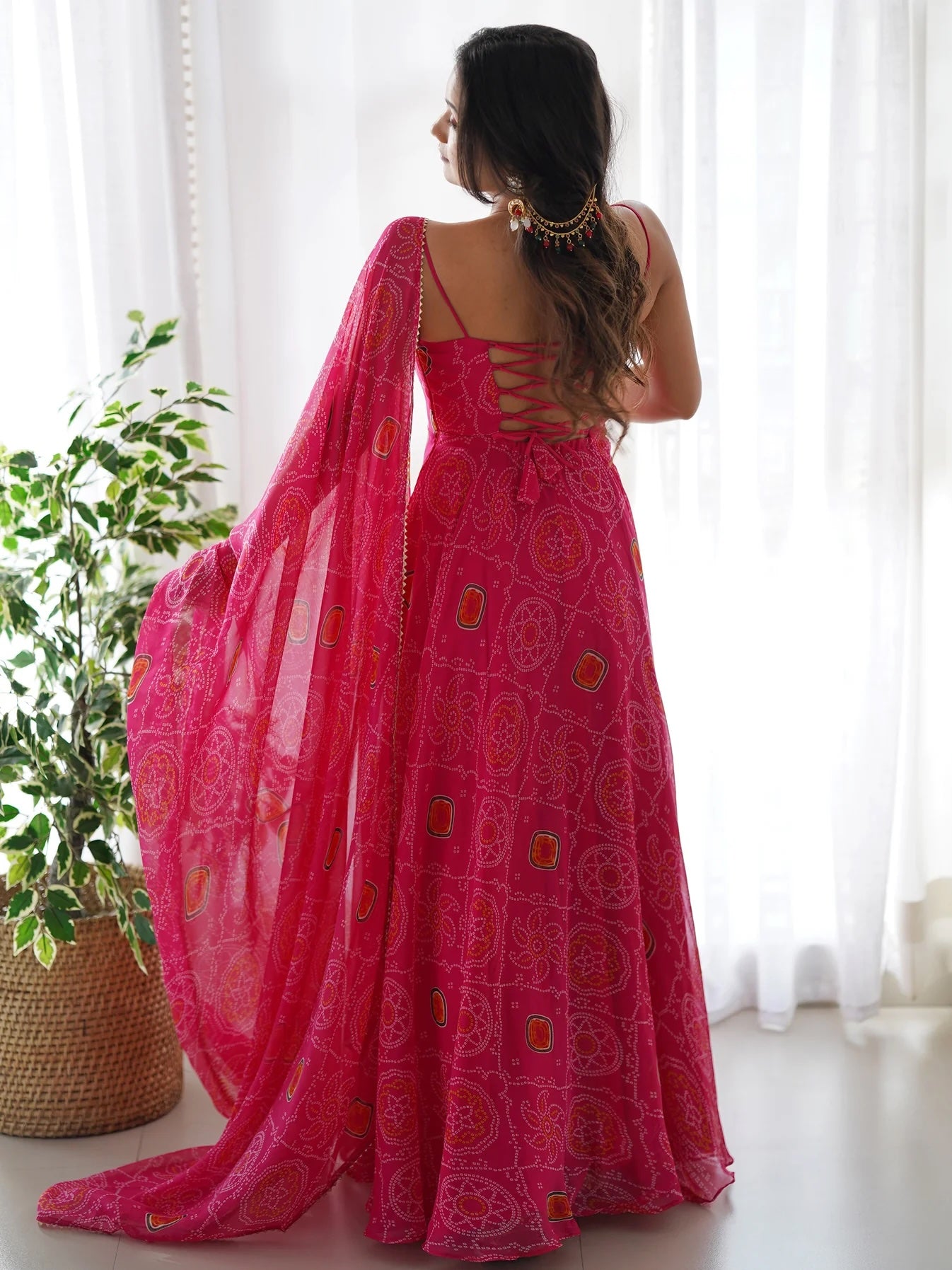 Precious Pink Bandhani Chiffon Gown with Dupatta