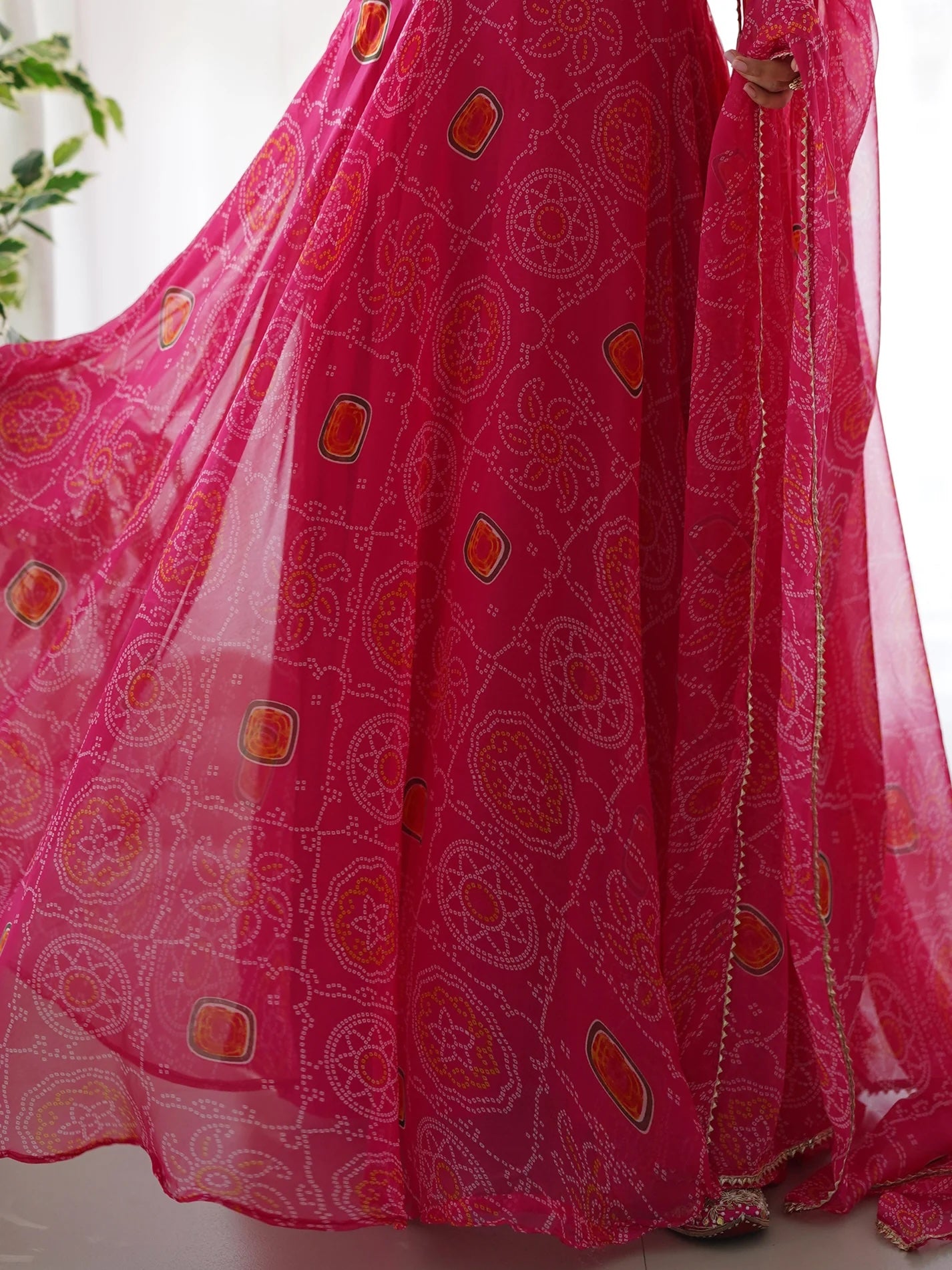 Precious Pink Bandhani Chiffon Gown with Dupatta