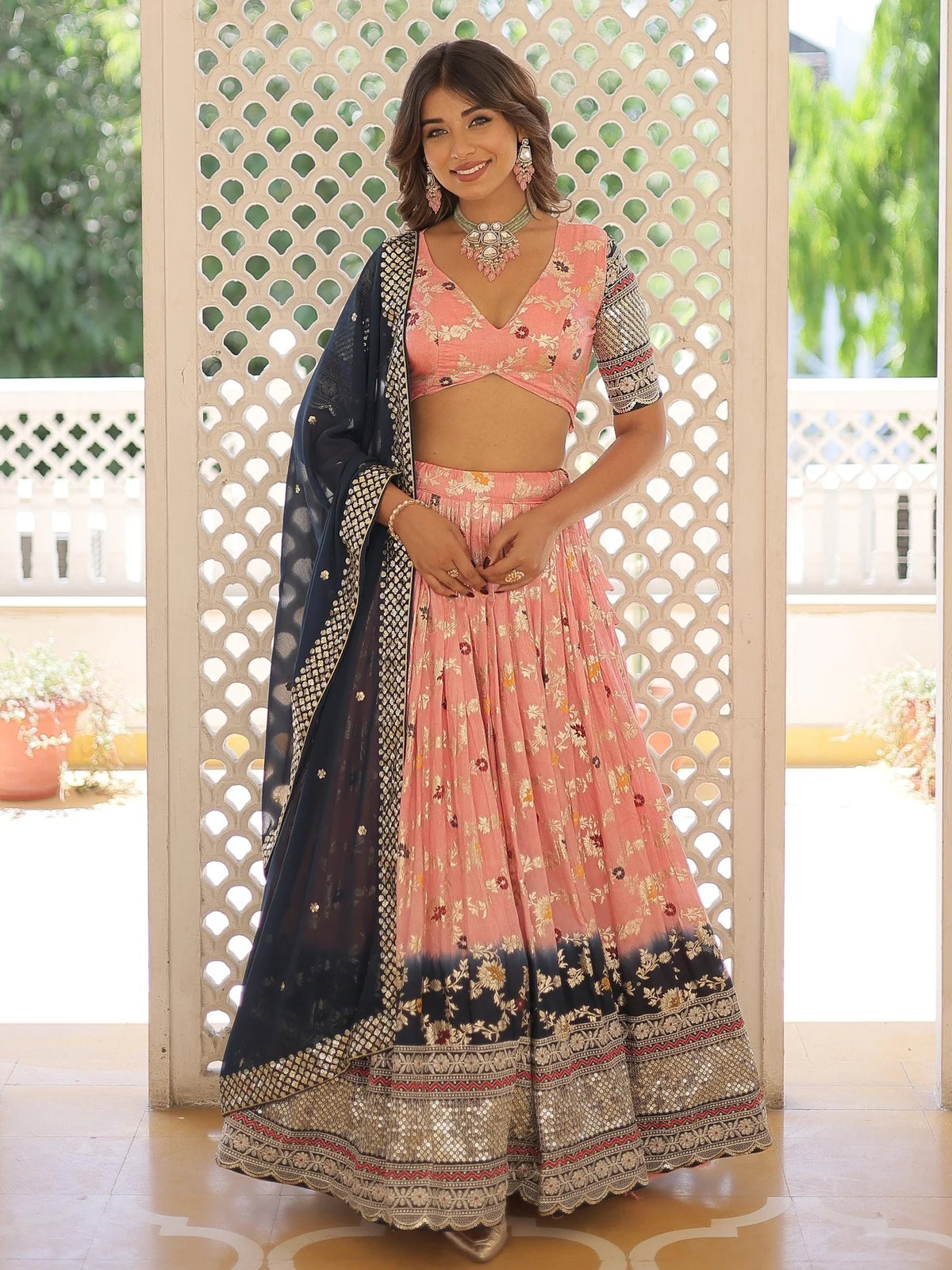 Stunning Peach Embroidered Jacquard Lehenga Choli with Dupatta