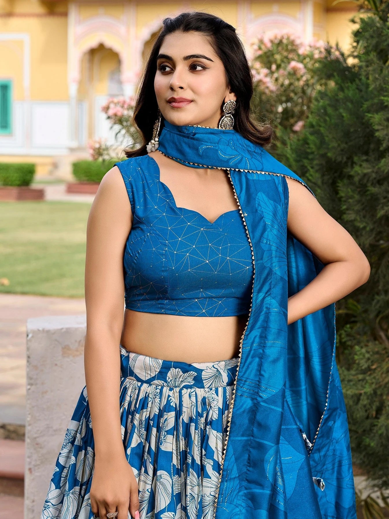 Alluring Blue Floral Printed Tussar Silk Lehenga Choli for Festival Wear