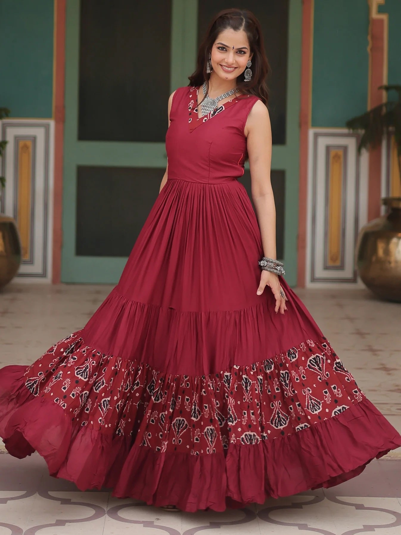 Captivating Maroon Digital Printed Rayon Gown Perfect Navratri Wear