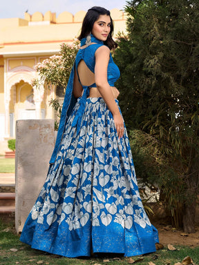 Alluring Blue Floral Printed Tussar Silk Lehenga Choli for Festival Wear