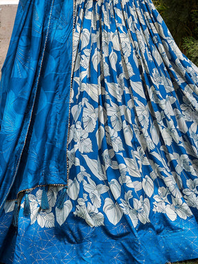 Alluring Blue Floral Printed Tussar Silk Lehenga Choli for Festival Wear