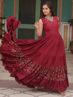 Captivating Maroon Digital Printed Rayon Gown Perfect Navratri Wear