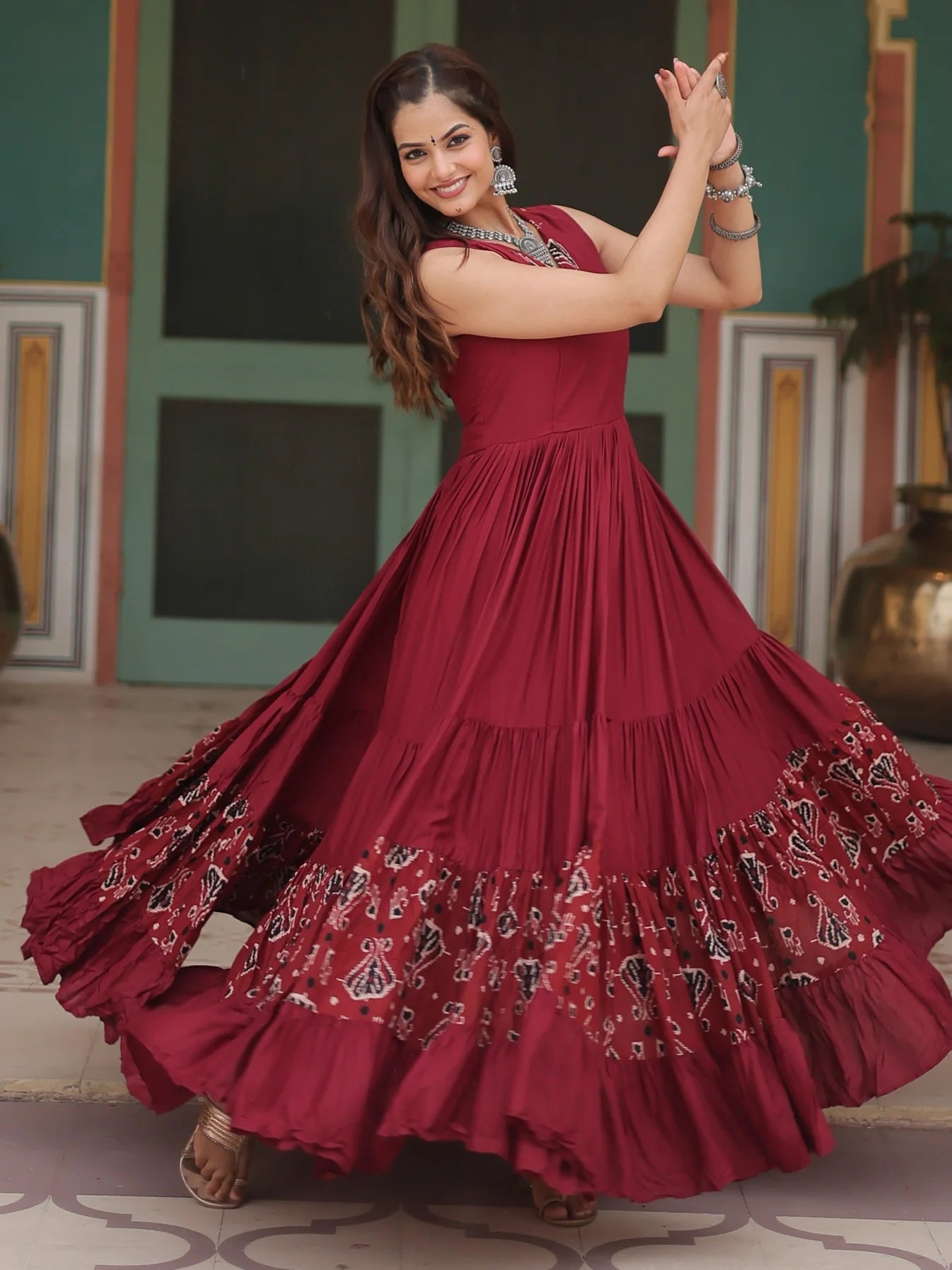 Captivating Maroon Digital Printed Rayon Gown Perfect Navratri Wear