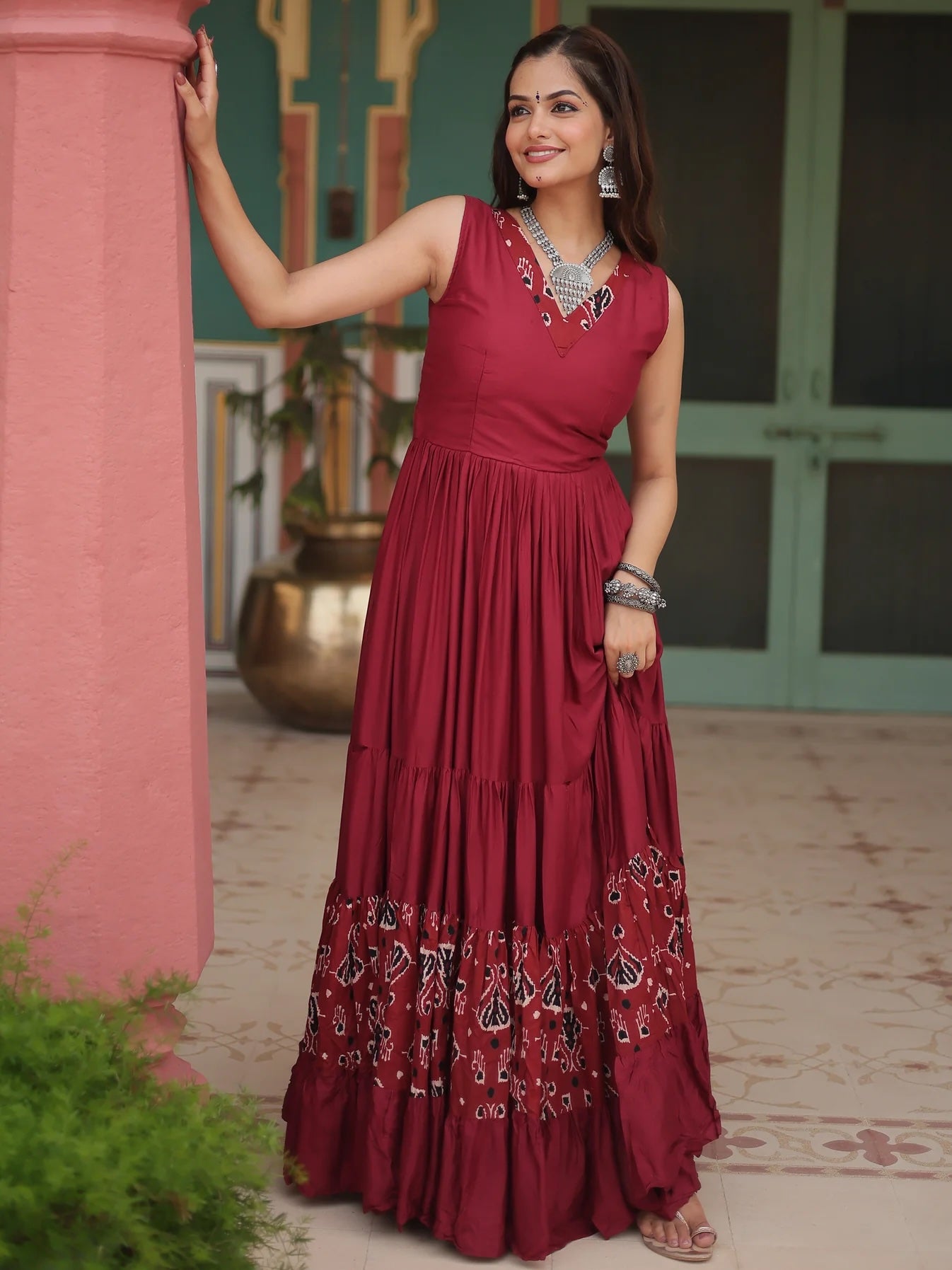 Captivating Maroon Digital Printed Rayon Gown Perfect Navratri Wear