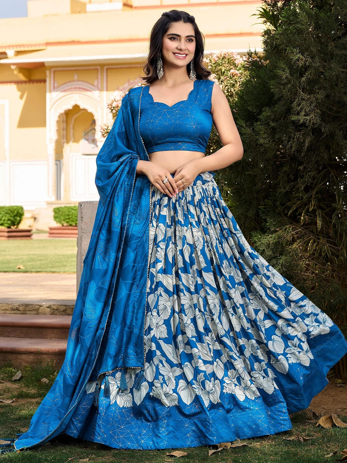 Alluring Blue Floral Printed Tussar Silk Lehenga Choli for Festival Wear