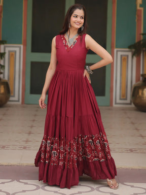 Captivating Maroon Digital Printed Rayon Gown Perfect Navratri Wear