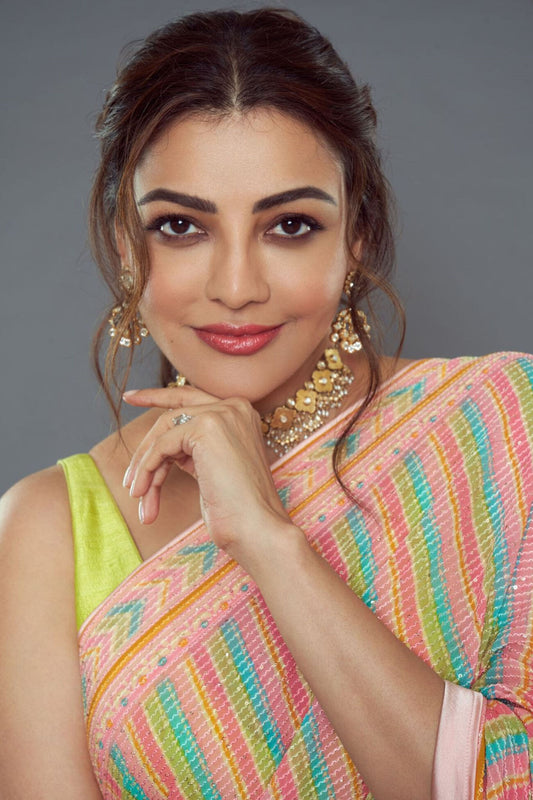 Kajal Aggarwal in Pink Aadvika Saree with Sequin Embroidery Prints