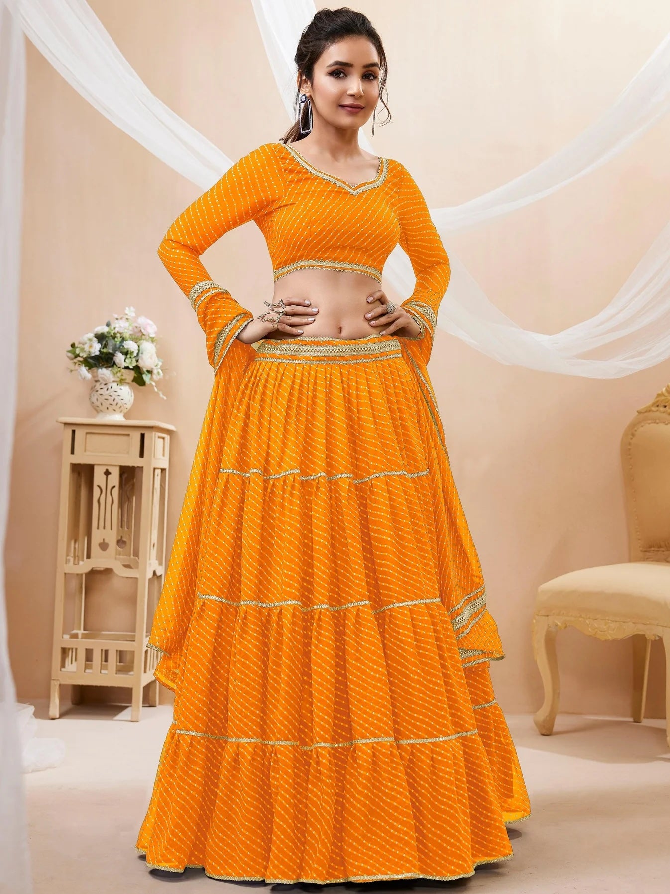 Attractive Yellow Leheriya Printed Georgette Lehenga Choli – Perfect Haldi Wear