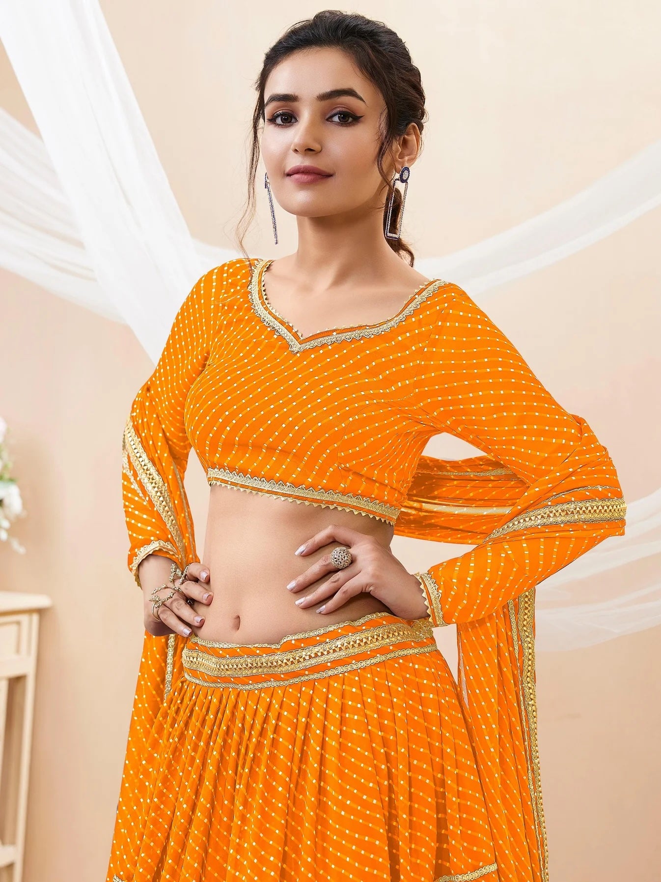 Attractive Yellow Leheriya Printed Georgette Lehenga Choli – Perfect Haldi Wear