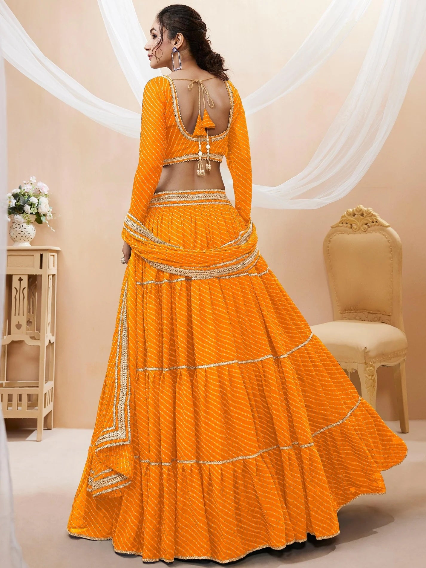 Attractive Yellow Leheriya Printed Georgette Lehenga Choli – Perfect Haldi Wear