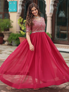 Wonderful Pink Sequins Georgette Gown for Engagement Wear