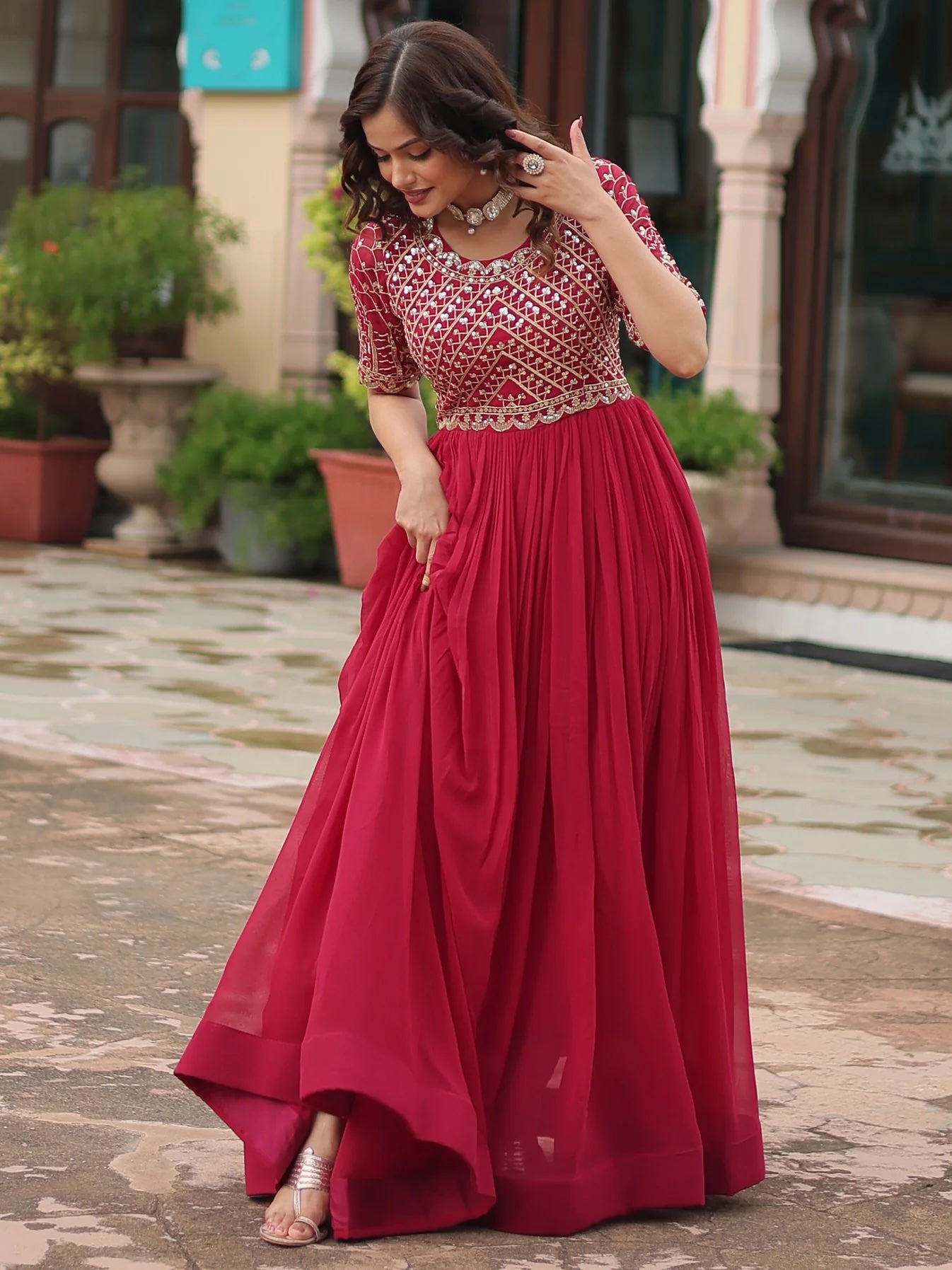 Wonderful Pink Sequins Georgette Gown for Engagement Wear