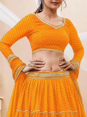 Attractive Yellow Leheriya Printed Georgette Lehenga Choli – Perfect Haldi Wear