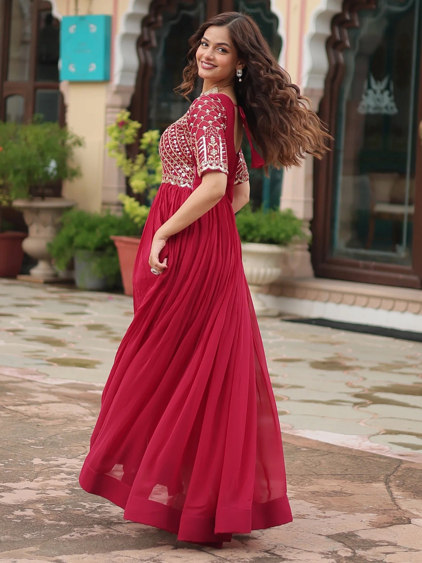 Wonderful Pink Sequins Georgette Gown for Engagement Wear Rim Zim Fashion Wonderful Pink Sequins Georgette Gown for Engagement Wear Rim Zim Fashion