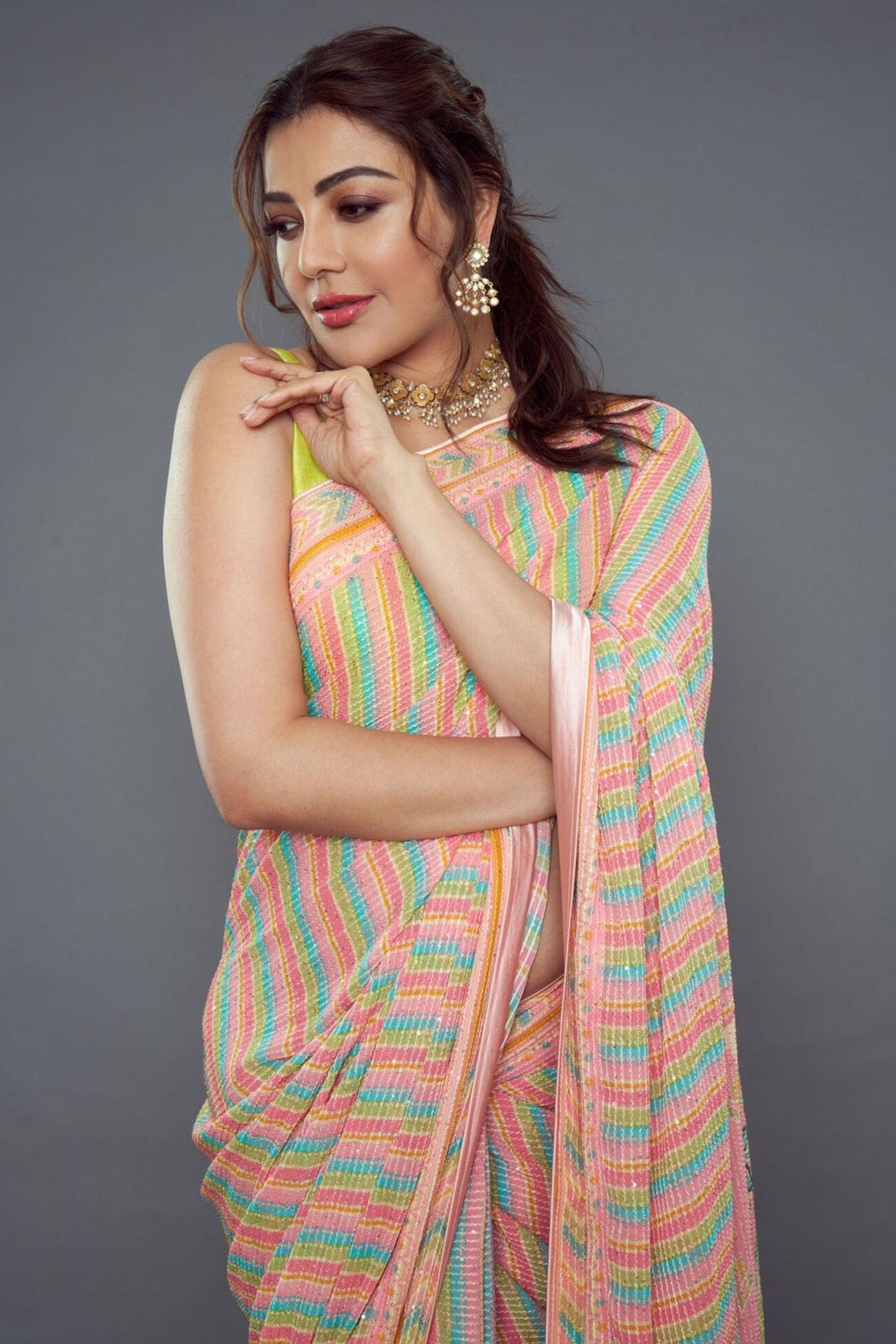 Kajal Aggarwal in Pink Aadvika Saree with Sequin Embroidery Prints ...