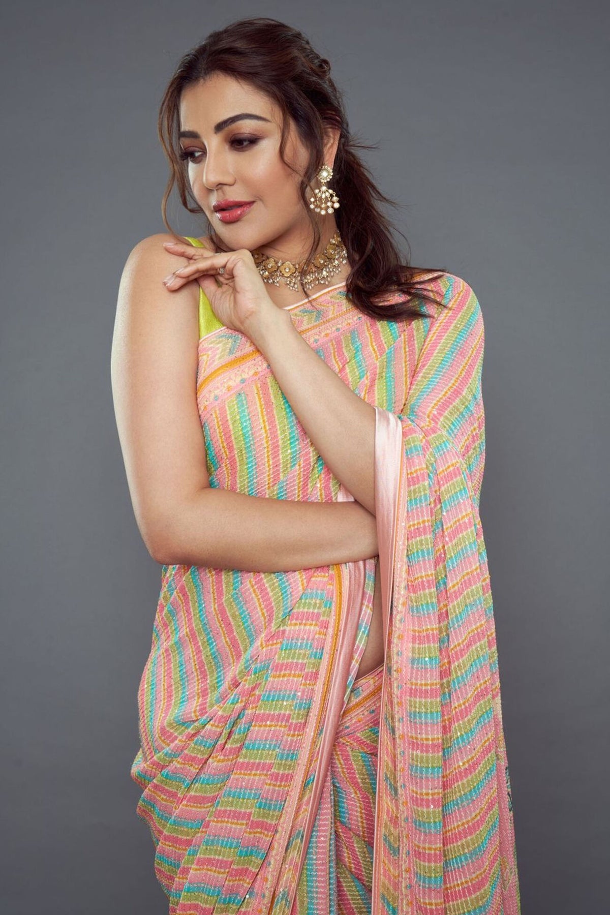 Kajal Aggarwal in Pink Aadvika Saree with Sequin Embroidery Prints