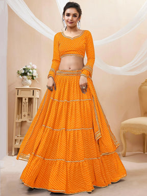 Attractive Yellow Leheriya Printed Georgette Lehenga Choli – Perfect Haldi Wear