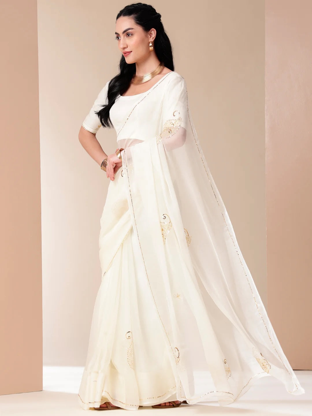 Ivory Chiffon Saree with Sequin Handwork