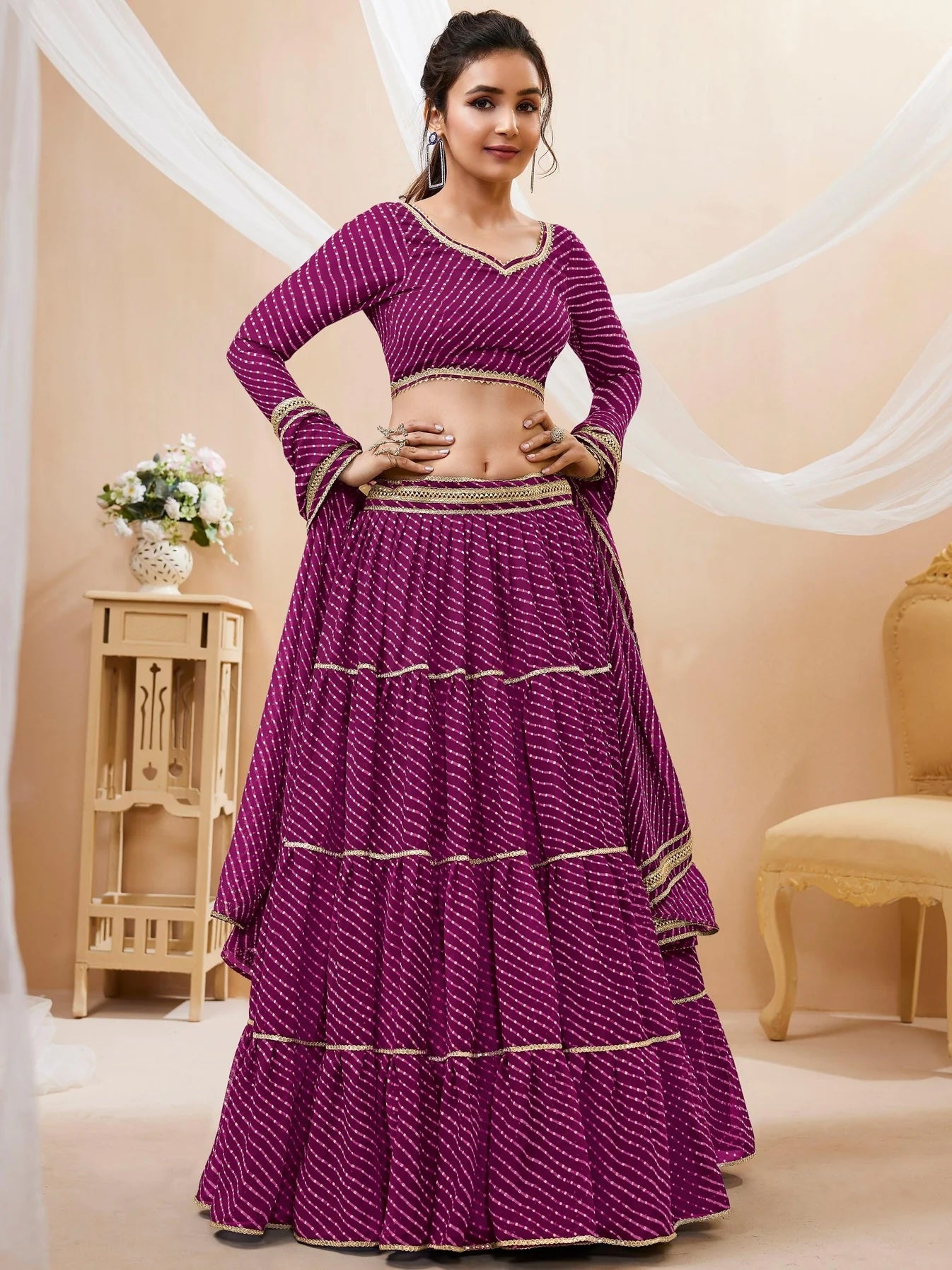 Stunning Purple Leheriya Printed Georgette Lehenga Choli with Dupatta