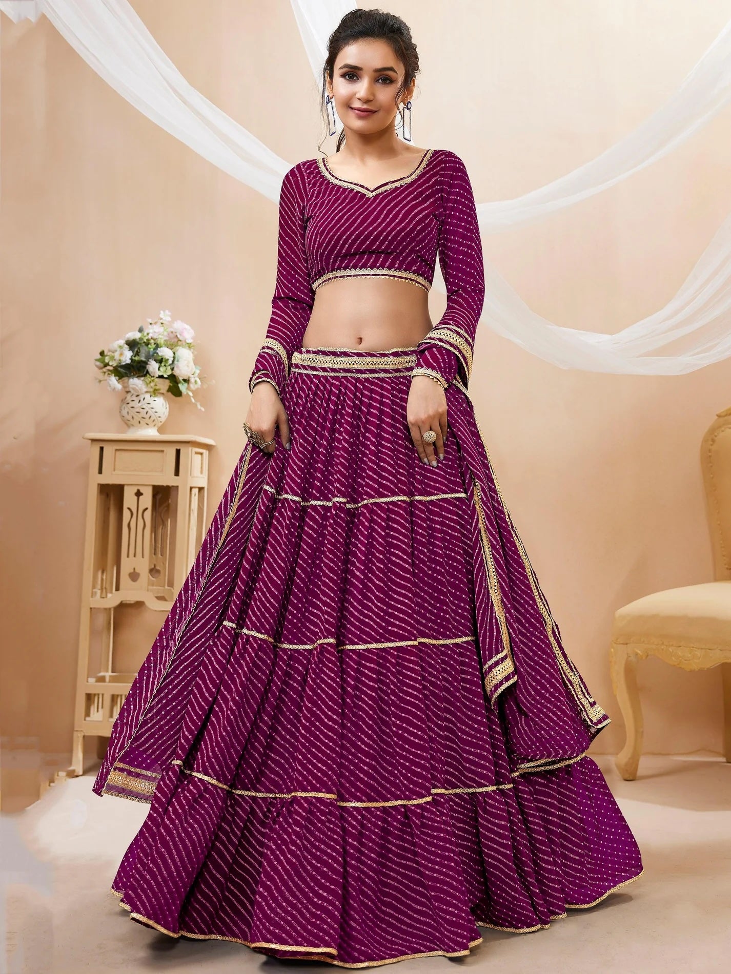 Stunning Purple Leheriya Printed Georgette Lehenga Choli with Dupatta