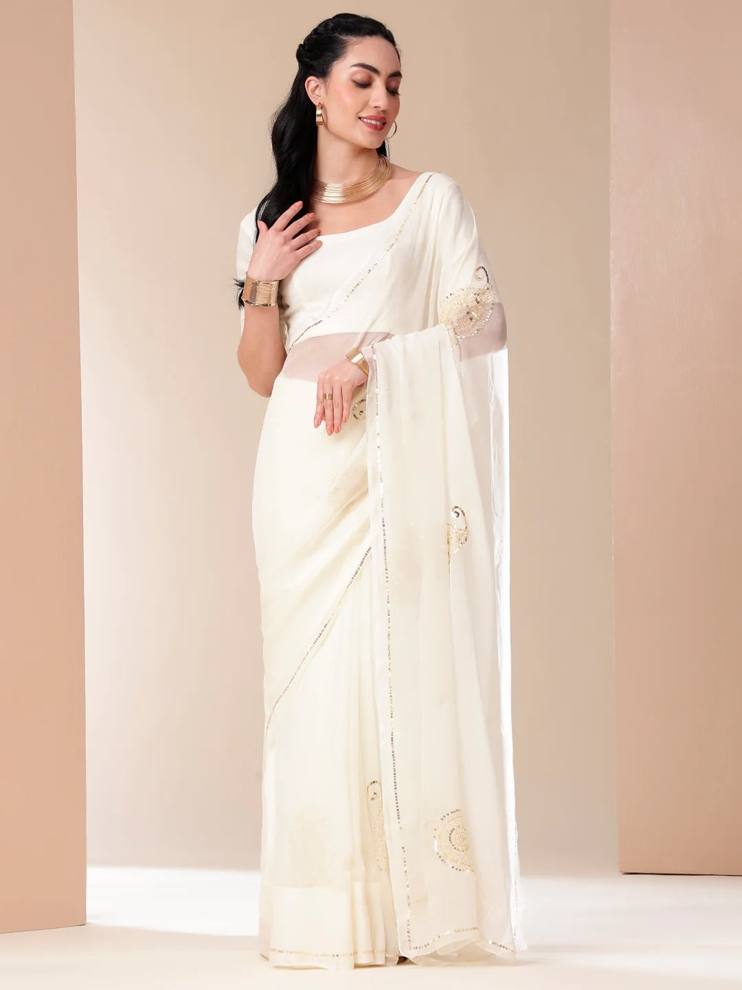 Ivory Chiffon Saree with Sequin Handwork